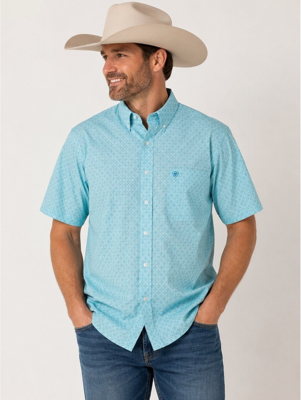 Ariat Western Medallion Geometric Short Sleeve Button Down Shirt Teal XXL Rodeo
